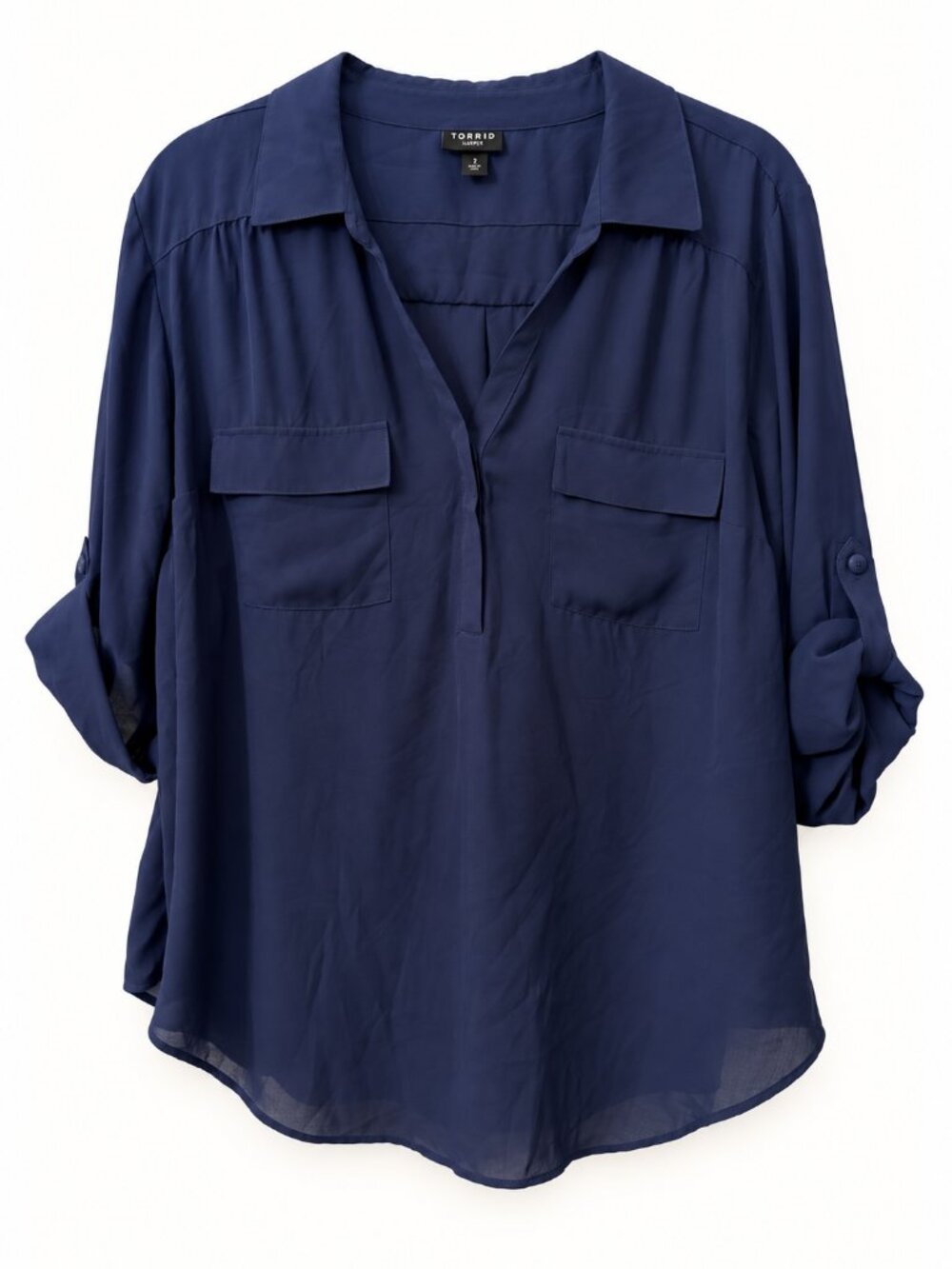 Torrid Harper Blouse Tunic Navy Blue Georgette Roll Tab Sleeve Womens Size 2 2X